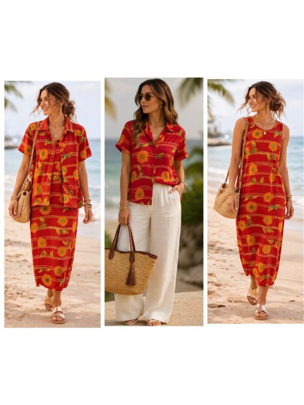 SPENSER JEREMY 100% Silk Red Maxi Dress 2pc Set Daisy Floral Chic Beach Sz 10